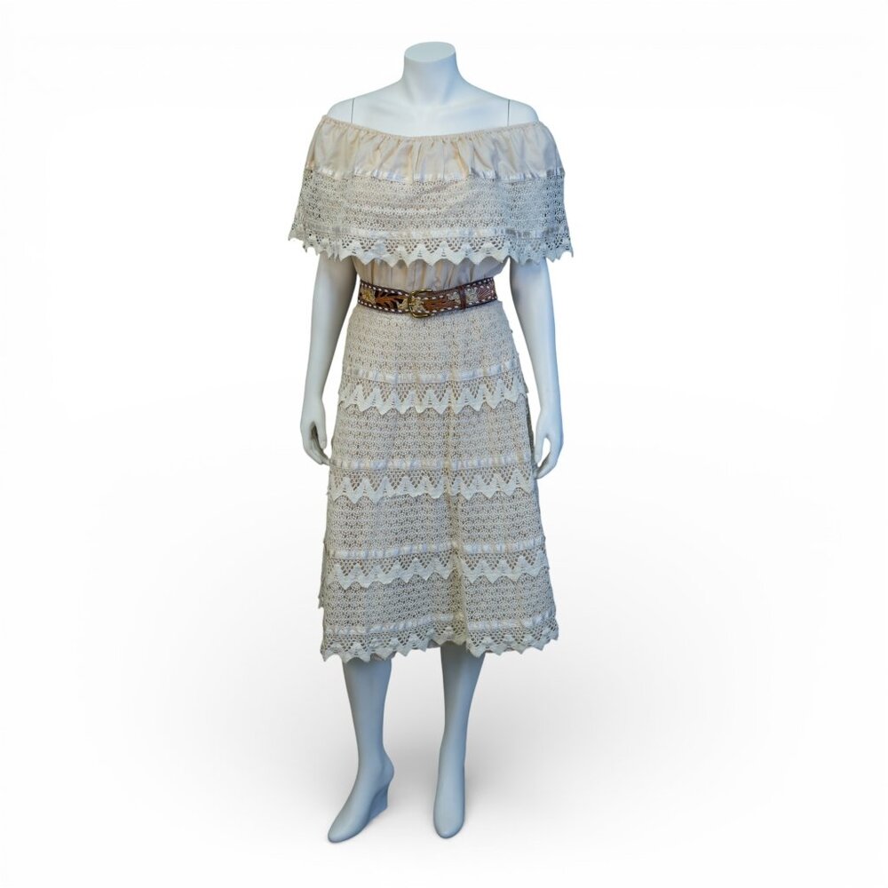 Vintage 70s Mexican Crochet Lace Dress | Off-Shoulder Ivory Midi * Medium